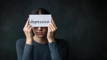 person holds card with word depression over their face, conveying sense of emotional struggle. dark background adds to somber mood of image photo