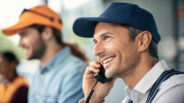 man wearing cap smiles while talking on phone, with colleague in background. setting appears to be work environment, possibly outdoors or in casual office photo