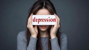woman with long hair holds sign reading depression over her eyes, conveying sense of emotional struggle. background is dark, emphasizing somber mood photo