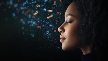 woman with closed eyes is surrounded by floating, glowing affirmations and letters, creating serene and introspective atmosphere photo