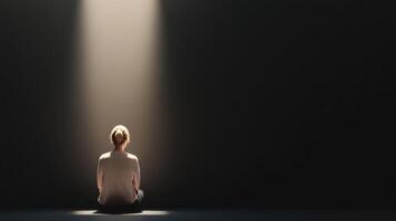 woman sits alone in dark room, illuminated by single beam of light, creating contemplative and introspective atmosphere photo
