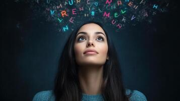 woman gazes upward, surrounded by floating, glowing letters in dark, mysterious atmosphere. Her expression is thoughtful and serene, suggesting contemplation and creativity photo