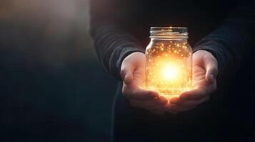 person holds jar filled with glowing light, symbolizing hope and inspiration. warm glow contrasts with dark background, creating magical and serene atmosphere photo