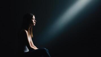 woman sits alone in dark room, illuminated by single beam of light, creating contemplative and serene atmosphere. Her expression is thoughtful and introspective photo