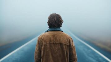 man stands alone on foggy road, his back turned, creating sense of solitude and mystery. endless road disappears into mist, evoking feelings of introspection and journey photo