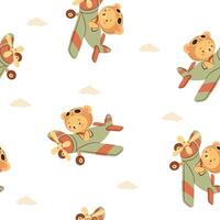 Seamless pattern in a simple childish style. Cute bear cub flying on airplane among clouds on white background vector