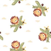 Seamless pattern in a simple childish style. Cute lion flying on an airplane among clouds on white background vector