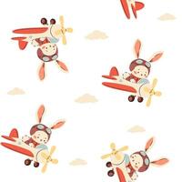 Seamless pattern in a simple childish style. Cute bunny flying on airplane among clouds on white background vector