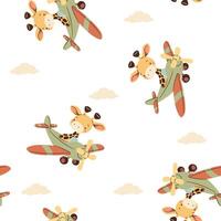 Seamless pattern in a simple childish style. Cute giraffe flying on airplane among clouds on white background vector