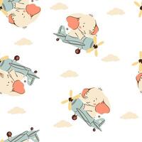 Seamless pattern in a simple childish style. Cute elephant flying on airplane among clouds on white background vector