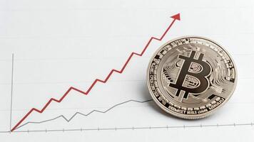 Bitcoin coin is placed on rising graph, symbolizing increasing value and growth of cryptocurrency in financial market photo