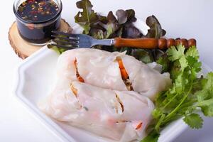 Fresh Vietnamese spring rolls with vegetables and herbs served with side of soy dipping sauce on white plate. presentation includes fork and garnished with cilantro and lettuce photo