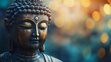 A buddha statue is shown in front of a blurred background photo