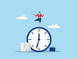 Work life balance or focus and time management,Business woman working with laptop while doing yoga or meditation on clock face.Flexible working hours vector