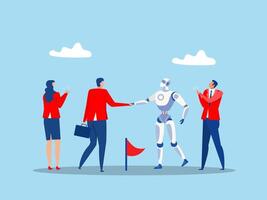 Onboarding new robot employee ,businessman manager with robot or Artificial Intelligence handshake welcome and introduce new staff to team.warm welcome to new office vector
