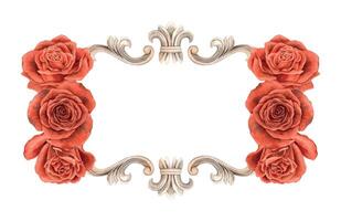 Vintage baroque frame in the form of a rectangular frame with a pattern of swirls and red realistic roses. Watercolor frame illustration for wedding, Valentine's Day, anniversary, birthday, cards. vector