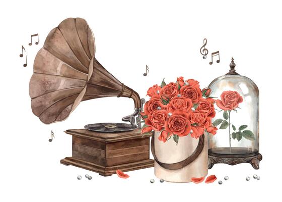 Bouquet of red roses in a box with pearls, vintage gramophone with notes, antique flask with a rose. Watercolor illustration for banners, cards, invitations, weddings, Valentine's Day, anniversary.