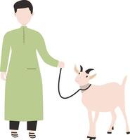 Muslim Man Eid Al adha Character with Sacrifice Goat. Isolated on White Background. vector