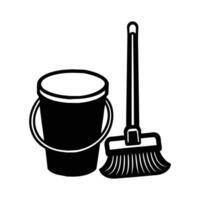 black plastic cleaning bucket with mop and handle, a tool for housework vector