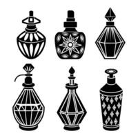 Essence of Elegance A collection of ornate perfume bottles, each with its own unique silhouette, stands as a timeless symbol of luxury and refinement, inviting you to indulge in the art of fragrance. vector