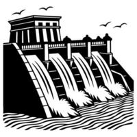 A powerful dam with water flowing through its gates, generating hydroelectric power vector