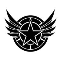A black and white emblem featuring a winged shield and star icon vector