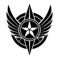 A black and white emblem featuring a winged shield and star vector