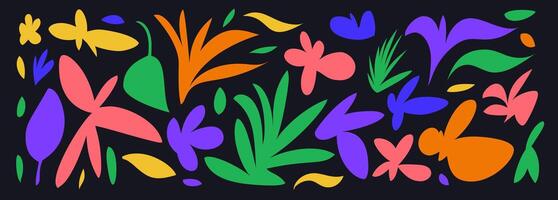 Abstract Colorful Botanical Shapes on Black Background. vector