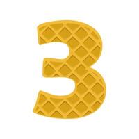 Number 3 element waffle. Crunchy waffle in the shape of number Three. illustration. Alphabet, letters, numbers and signs made from cookie, waffle. vector