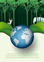 Poster illustration of Mother Earth day or World Environment's day in paper cut style with example texts and globe on light green space for texts. vector