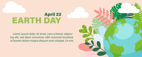 Blue global with colorful plants and the name of event, example texts on egg yellow colors background. Illustration and Poster campaign of Earth day in flat style vector