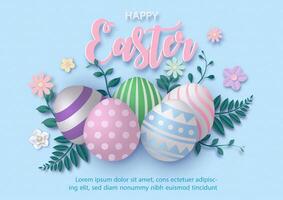 Beautiful 3d Easter eggs with flowers in paper cut style and Easter day wording, example texts on blue paper pattern background. Happy Easter day greeting card in paper cut style vector