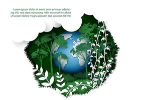 Poster illustration of Mother Earth day or World Environment's day with 3d global and plants in paper cut style, example texts on white background. vector
