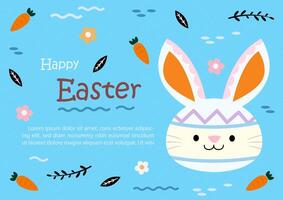 Happy Easter day greeting card and banner in cartoon character flat style with example texts, blue background vector
