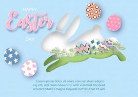 Happy Easter day greeting card in layers paper cut style of a bunny jump shape with Easter day wording, example texts on white paper pattern background. vector