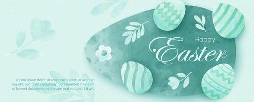 Happy Easter in web banner and green mono tone watercolors style, example texts on leaf pattern background. vector