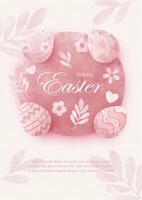 Happy Easter greeting card in pink mono tone watercolors style, example texts on leaf pattern background. vector