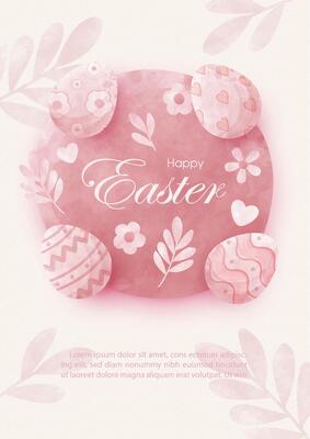 Happy Easter greeting card in pink mono tone watercolors style, example texts on leaf pattern background.