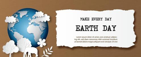 Environment of nature in paper cut style on global with the Earth day slogan on Torn paper and brown background. Poster campaign of Earth day in banner design. vector