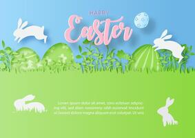 Happy Easter day greeting card in paper cut style of a bunny jump shape and Easter eggs in grassland vector