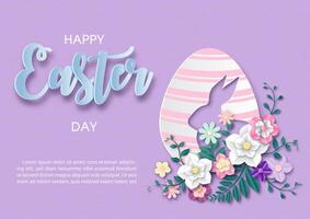 Beautiful flowers on Easter egg cut into the shape of a rabbit in paper cut style with Easter day wording and example texts on purple paper pattern background. vector