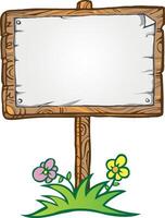 wooden sign with flowers and grass on a white background vector