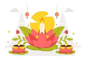 Buddhist Vesak Day Celebration with Temple, Lanterns, and Meditation Scene in Flat Cartoon Style vector