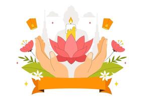 Flat Vesak Day Illustration with Buddha Silhouette, Lotus Blossom, and Floating Lanterns vector