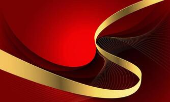 Abstract gold line ribbon curve overlap on red fabric wave design modern luxury elegant background vector