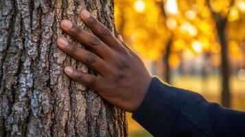 hand pressed against tree trunk, connecting with nature pulse. warm autumn colors create serene atmosphere photo