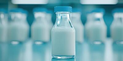 Fresh milk in clear glass bottle with blue cap, showcasing dairy quality testing photo