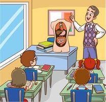 Biology Teacher Engages Curious Kids in Class, Developing Love for Science as They Explore Human Organs Through Interactive Lessons and Hands-on Experiments Illustration vector