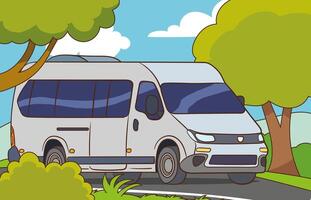 Traveling by minibus.Minibus on the road with trees.Minibus going on the village road. image. vector
