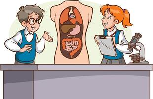 In Biology Class, Children Explore Human Organs Through Interactive Lessons and Hands-On Experiments in Classroom. They Develop Their Love of Science. Illustration vector